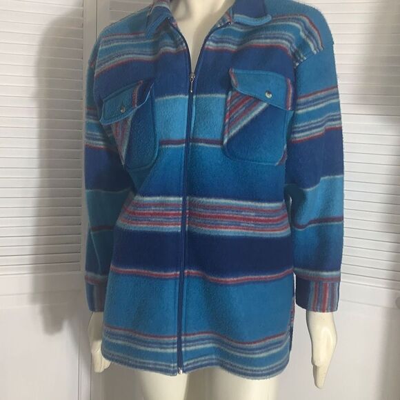 Vintage 80’s 90’s Oversized Blue Striped Zip Up Fleece Jacket Medium - Picture 1 of 14